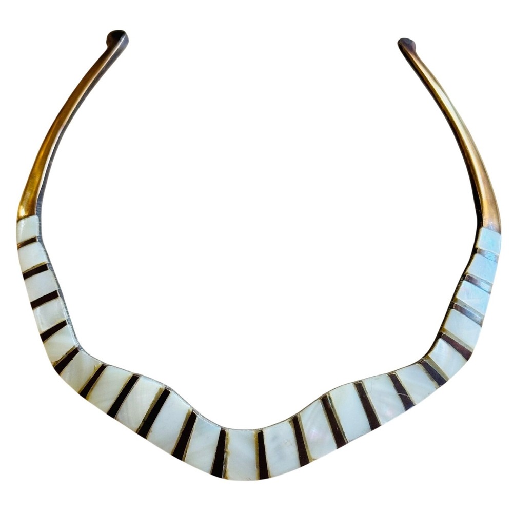 Regal Choker Brass MOP‎ Necklace VTG mother of Pearl Statement 70s MCM Retro